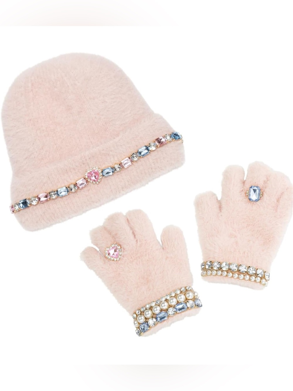 Super Smalls Kids Pink Faux-Fur Beanie and Gloves Set with Jewel Trim